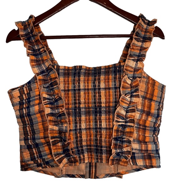 Verb by Pallavi Singhee x Anthropologie Ruffled Plaid Top Smocked Orange Medium - Picture 3 of 15
